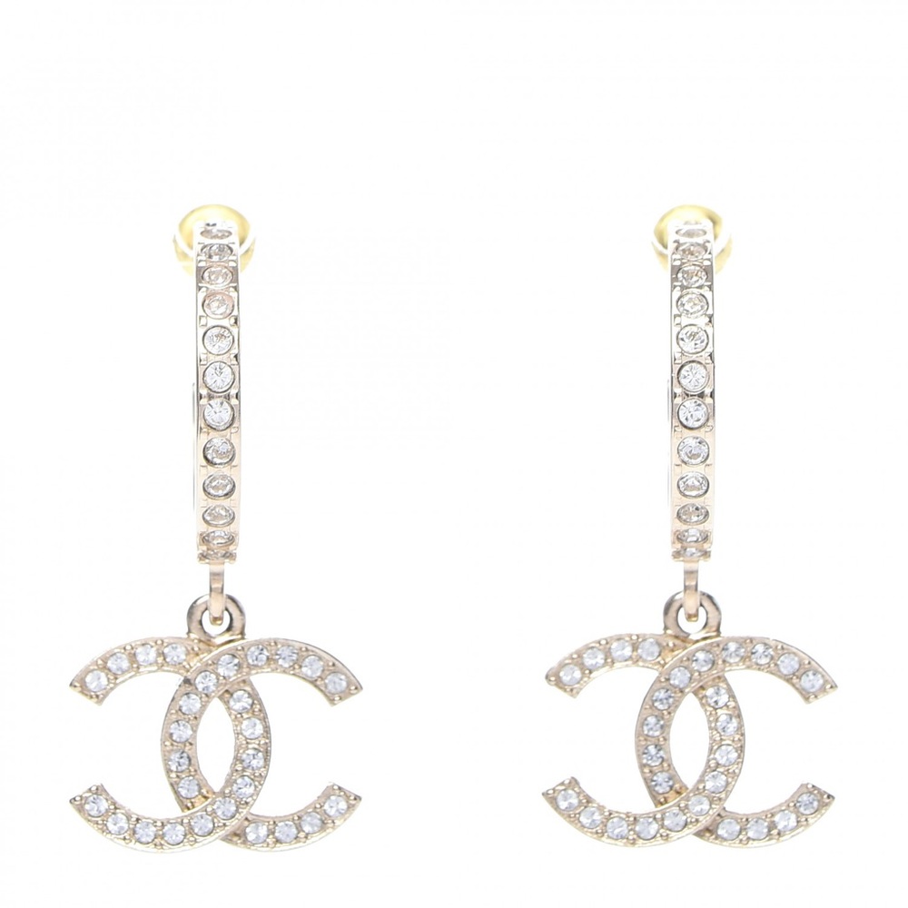 CHANEL Gold Crystal CC Hoop Earrings